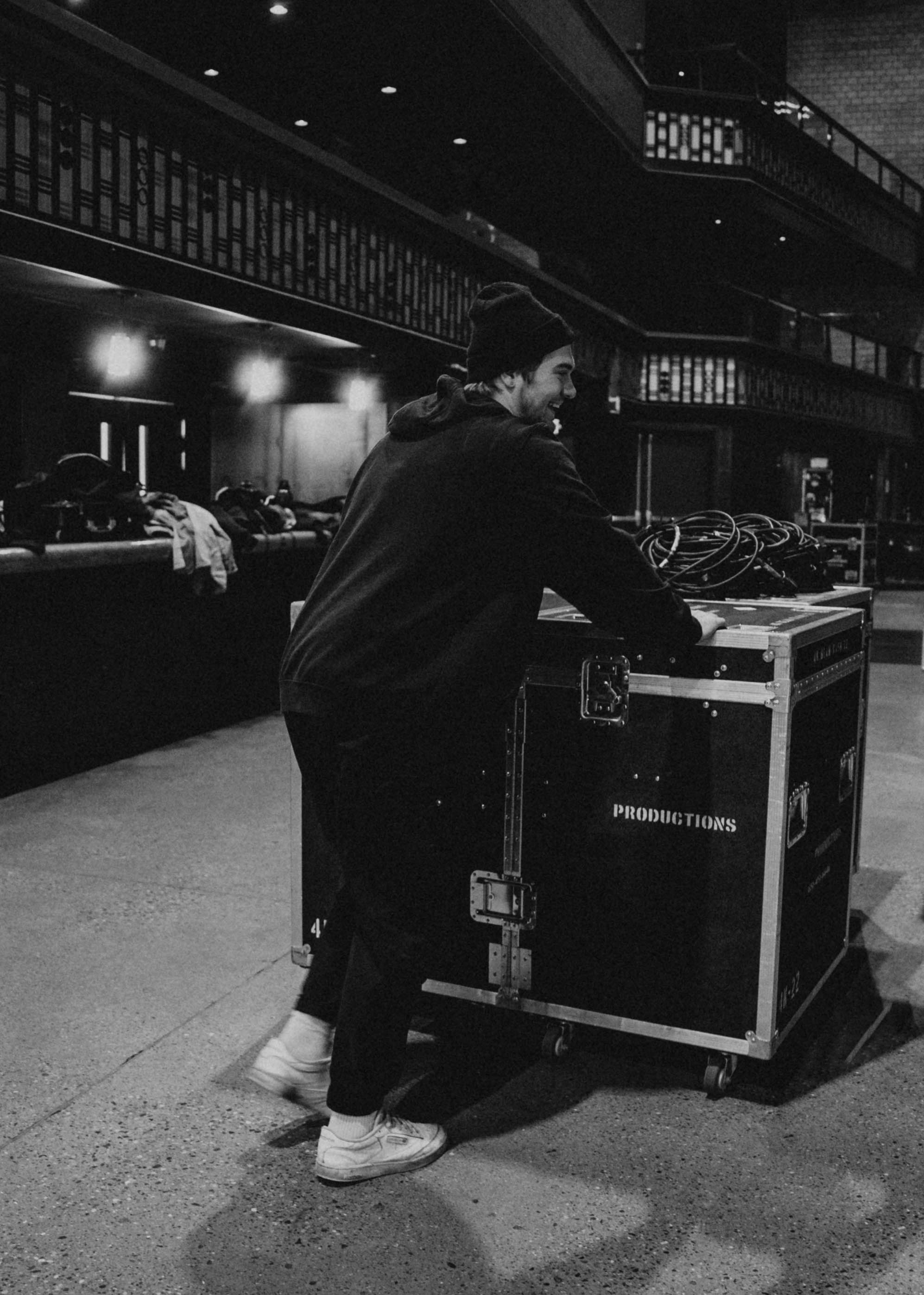 AHLC technicians prepping a concert stage in Minneapolis
